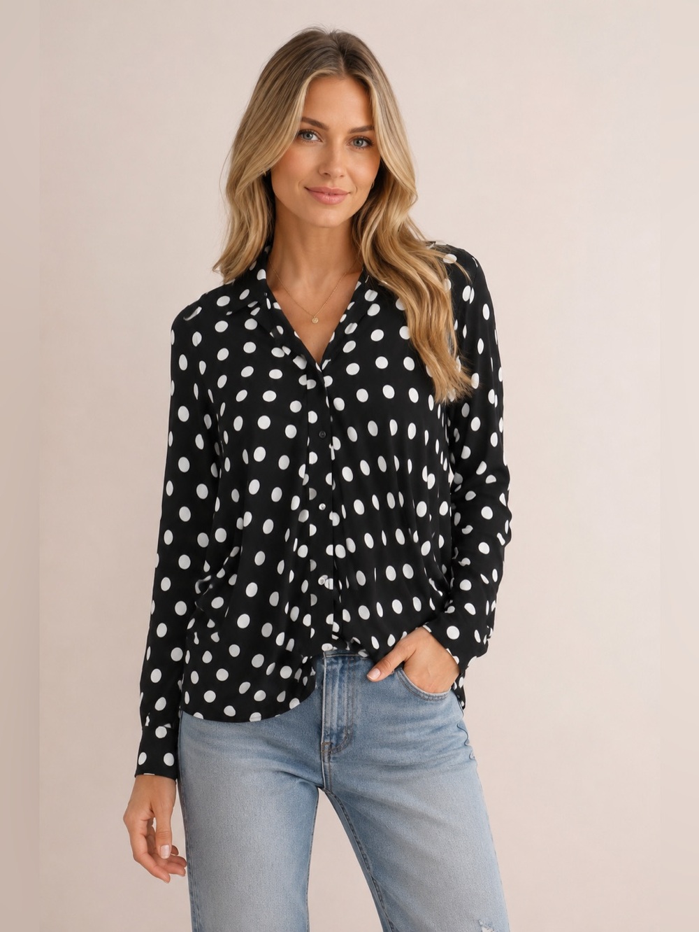 Main Strip Black and White Polka Dot Button-Up Blouse S
